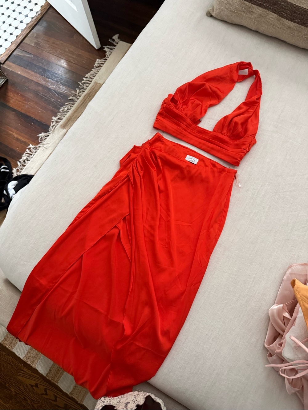 Oh Polly Red/Orange Satin Two-Piece Halter Top and Maxi Skirt Set